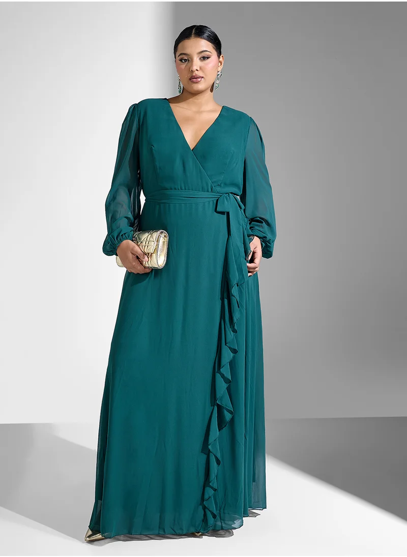 Khizana Plus size surplice neck dress with ruffle hem