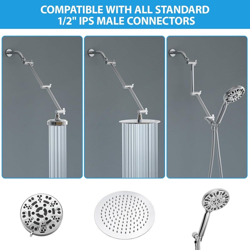 Lordear Shower Extension Arm 16 Inch,Foldable Shower Head Extension Chrome,Adjustable Height Angle,Solid Stainless Steel Shower Extender Arm for Rain Shower Head With Universal Connection - Image 4
