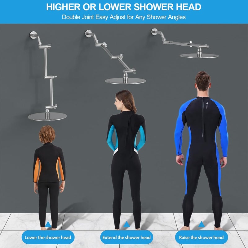 Lordear Shower Extension Arm 16 Inch,Foldable Shower Head Extension Chrome,Adjustable Height Angle,Solid Stainless Steel Shower Extender Arm for Rain Shower Head With Universal Connection - Image 3