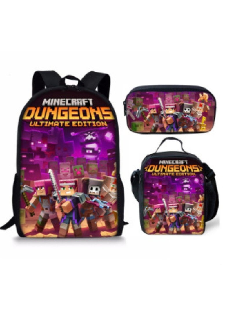 MINECRAFT Digital Printing Large Capacity Backpack Three piece Set Lunch Bag Pen Bag Polyester Comfortable Load Reducing Backpack for Students and Children Unisex  - Image 1
