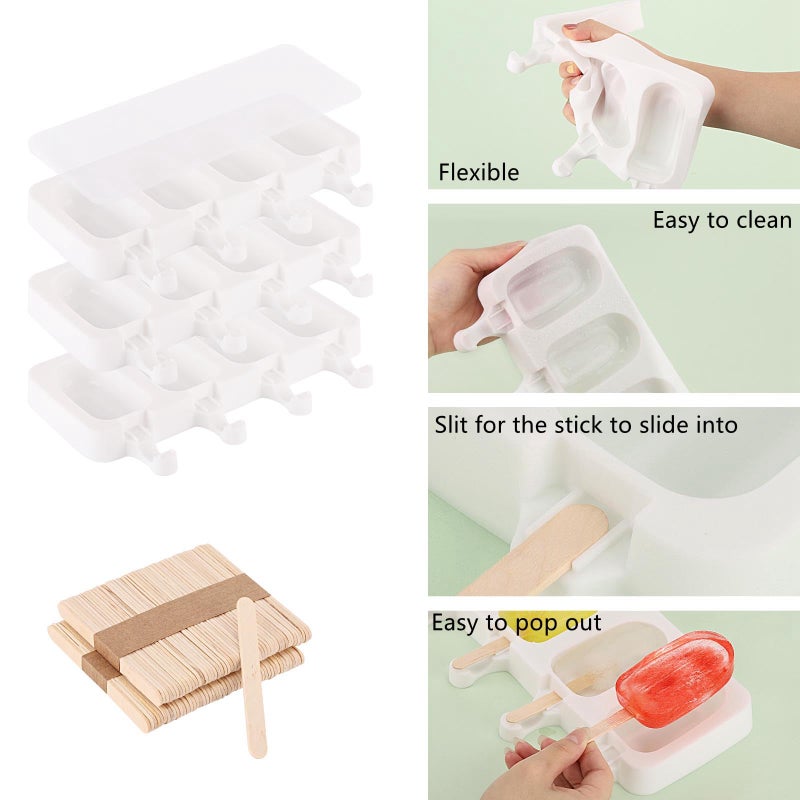 BTYMS 3 Set Small Popsicles Molds with Lids and 100 Pieces Wooden Popsicles Sticks, 4 Cavities Silicone Ice Cream Molds for Making Cakesicles, Cake Pops, Ice Cream - BPA Free - Image 4