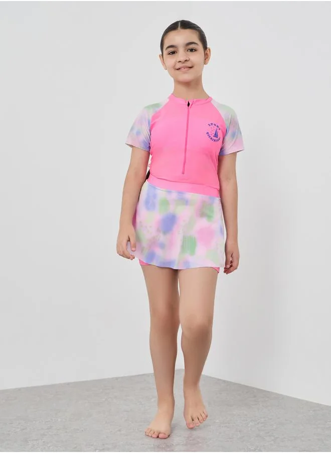 ستايلي Styli Girls Pink Printed Raglan Sleeve Swimsuit