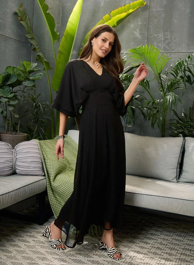 SASSAFRAS Sassafras Black Solid Kimono Sleeve Maxi Dress