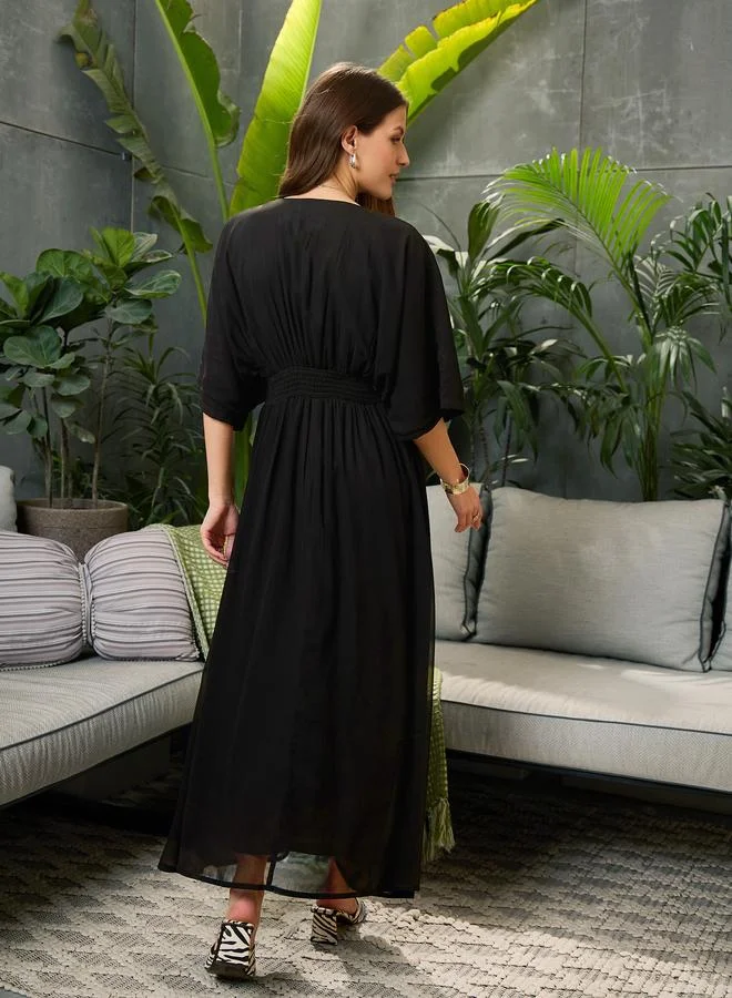 SASSAFRAS Sassafras Black Solid Kimono Sleeve Maxi Dress