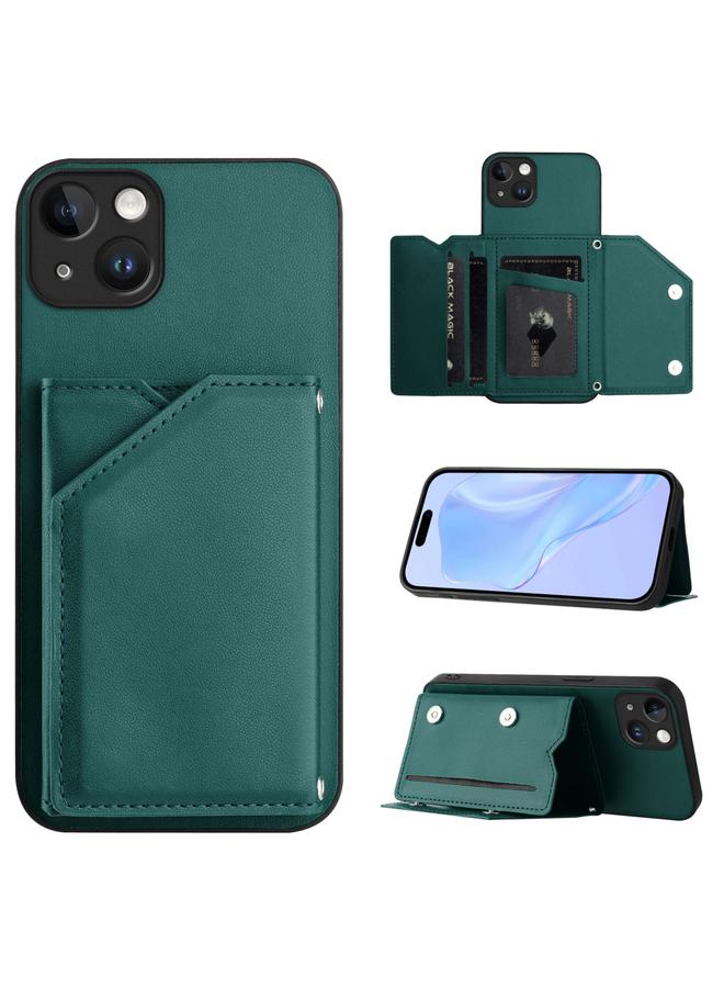 Case For iPhone 14 Plus Skin Feel Four Card Slots Phone Case with Wrist Strap