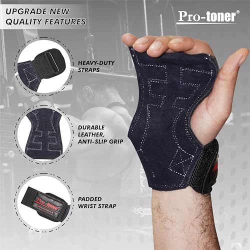 Protoner Weight Lifting Leather Strap with Wrist Support and Palm Protection, Premium Leather, Black, 1 Pair (Split Leather) - Image 5