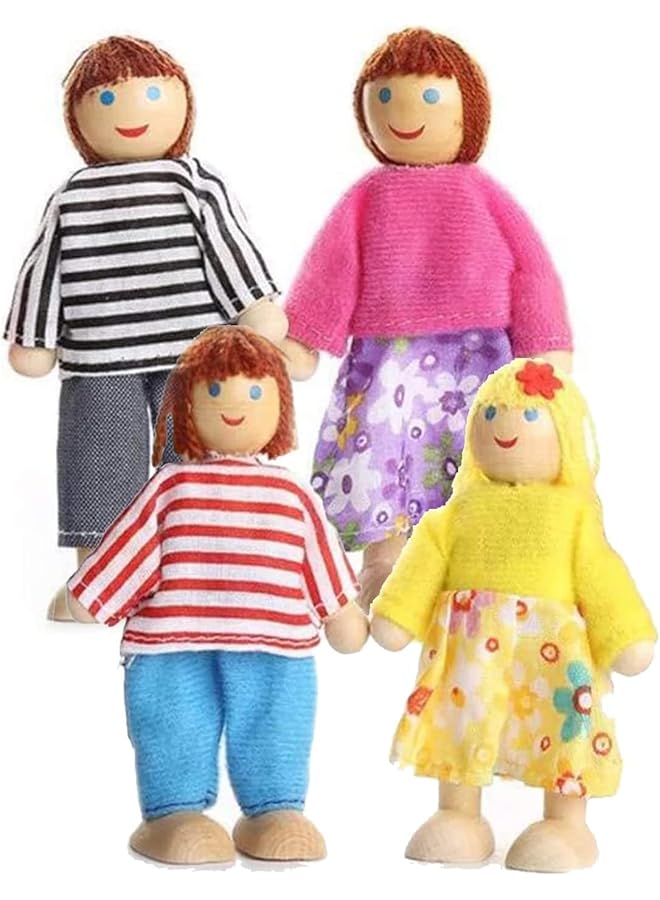 SYOSI 4Pcs Wooden Doll House Set With Family Pretend Play Figures Accessories Miniature Dolls & Playsets Wooden Dollhouse People Figures Pack For Kids & Girls Pretend Gift - Image 1