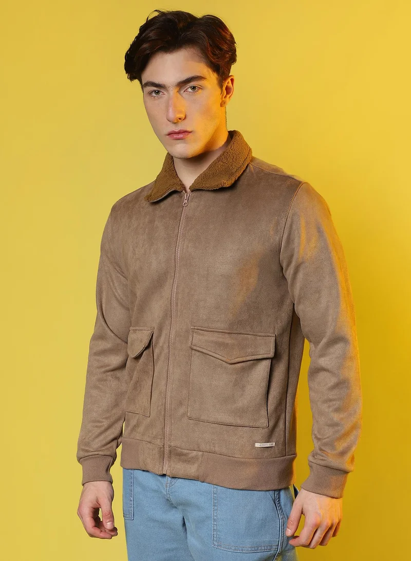 Campus Sutra Men's Beige Zip-Front Jacket With Fleece Collar