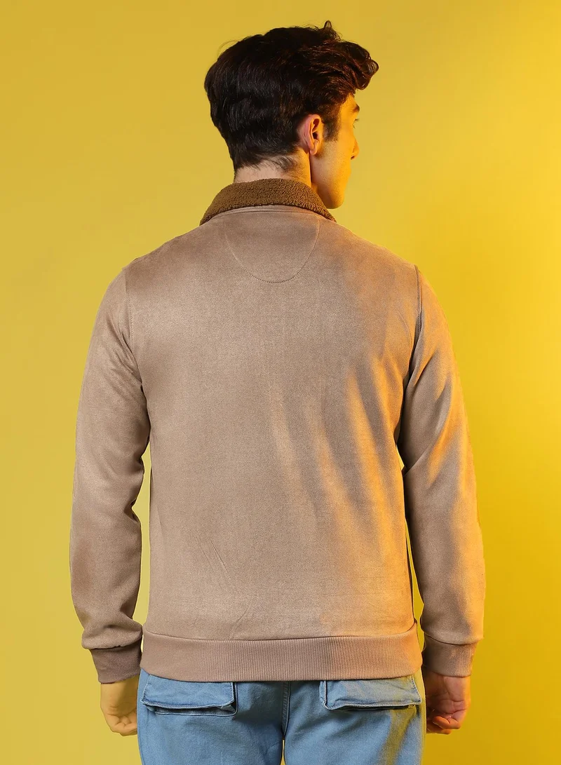 Campus Sutra Men's Beige Zip-Front Jacket With Fleece Collar