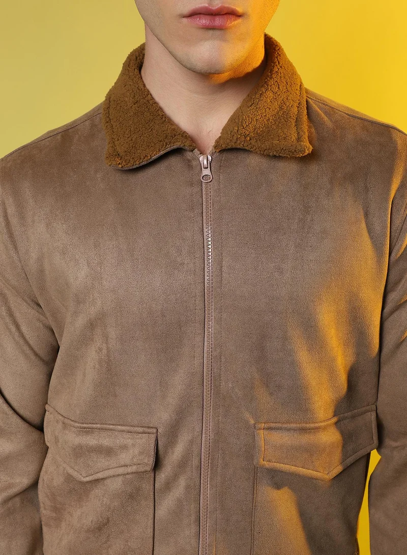 Campus Sutra Men's Beige Zip-Front Jacket With Fleece Collar