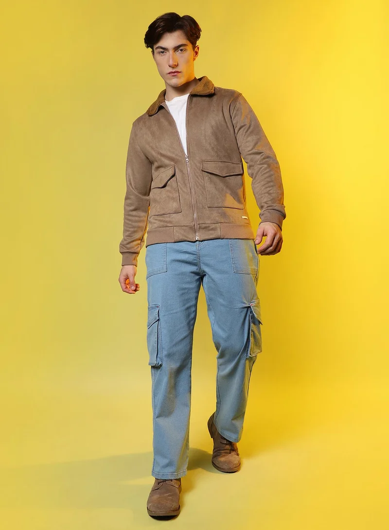 Campus Sutra Men's Beige Zip-Front Jacket With Fleece Collar
