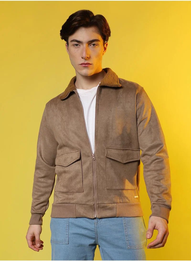 Campus Sutra Men's Beige Zip-Front Jacket With Fleece Collar