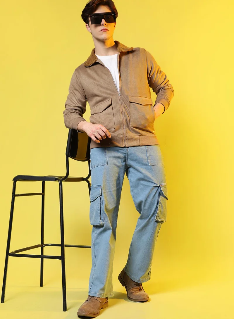Campus Sutra Men's Beige Zip-Front Jacket With Fleece Collar