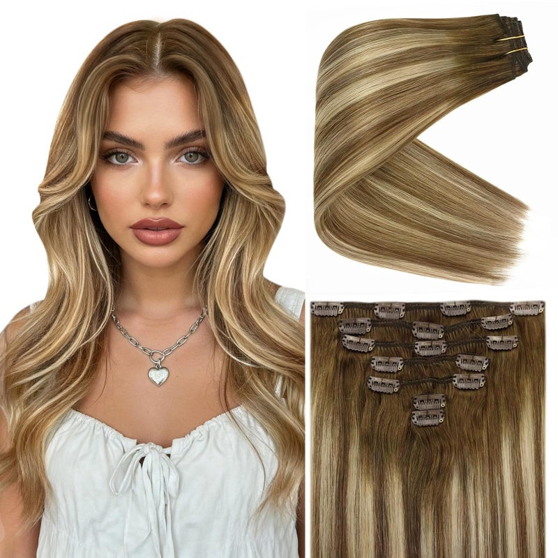 Ve Sunny Human Hair Clip in Extensions Natural Look Clip in Hair Extensions Balayage Real Human Hair Extensions Clip ins Chestnut Brown with Blonde Balayage Long Straight hair 120g 7pcs 22inch
