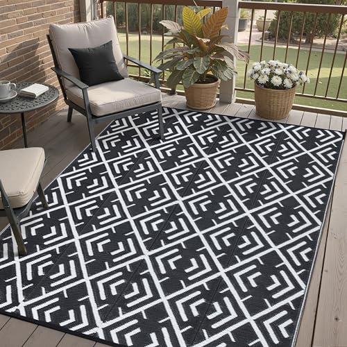 HUGEAR Outdoor Rug Mats Large Waterproof Outdoor Area Rug Reversible Portable Outdoor Plastic Straw Carpet for RV Deck Camping Front Door Indoor Outside Porch Picnic 5x8ft Geometric BlackWhite - Image 1