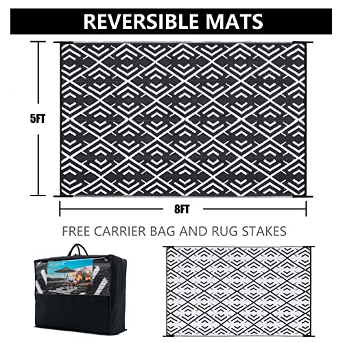 HUGEAR Outdoor Rug Mats Large Waterproof Outdoor Area Rug Reversible Portable Outdoor Plastic Straw Carpet for RV Deck Camping Front Door Indoor Outside Porch Picnic 5x8ft Geometric BlackWhite - Image 3