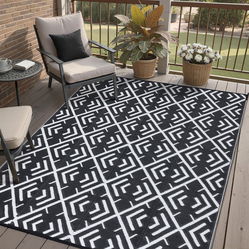 HUGEAR Outdoor Rug Mats Large Waterproof Outdoor Area Rug Reversible Portable Outdoor Plastic Straw Carpet for RV Deck Camping Front Door Indoor Outside Porch Picnic 5x8ft Geometric BlackWhite - Image 2