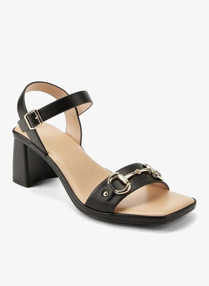 Paprika Metal Accent Block Heel Sandals with Buckle Closure