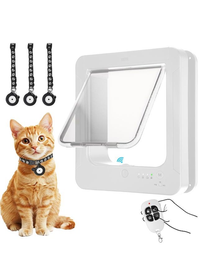 Smart Cat Door with 3 Collar Sensor, RFID Cat Door Collar Activated with Remote Control, 4 Way Locking Cat Flap Automatic Pet Door (White)