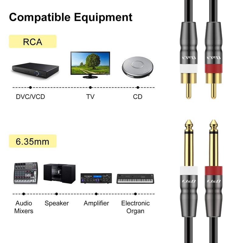 J&D Dual 1/4 inch TS to Dual RCA Cable, Heavy Duty 1/4 Male to RCA Male Adapter Stereo Audio Interconnect Quarter inch Cable, 6 Feet - Image 3