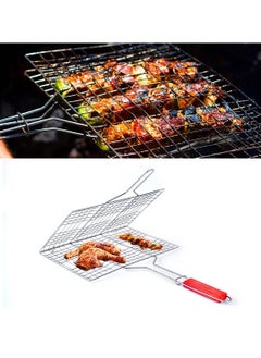 Yuwell Portable Stainless Steel BBQ Barbeque Grill Net with Wooden Handle For Grilling Meat Chicken Fish Veggies Paneer BBQ Grill Net  - Image 1
