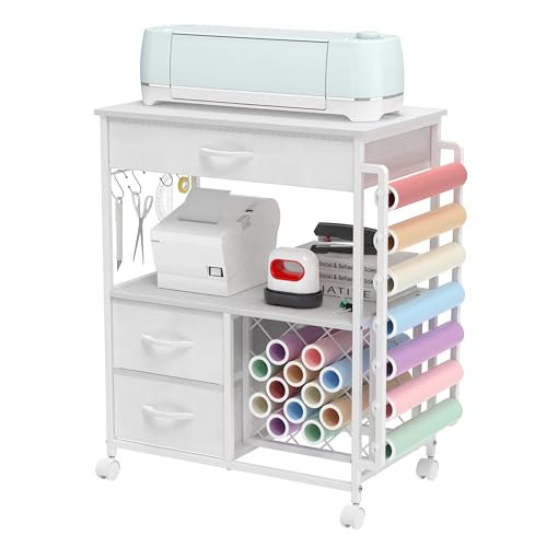 VENNQD Storage cart Compatible with Cricut Machines Stand Cutting Machine Stand with Drawers and Vinyl Roll Holder Rolling Craft Cabinet Table for Cricut Craft Workstation for cart Craft Room (White) - Image 1