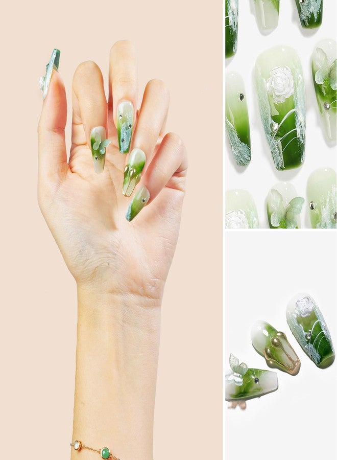Sun&Beam Nails Handmade Press On Nail Medium Long Coffin Ballerina Green Flower Butterfly Fake Tip 3D Design Art Charms Cute with Storage Box 10 Pcs (#009 L) - Image 2