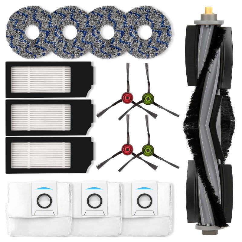 CHAIN PEAK 15 عبوة X1 قطع غيار بديلة لـ ECOVACS DEEBOT DEEBOT X1 أومني X1 برو أومني X1 أومني T10 أومني ملحقات مكنسة روبوت 1 فرشاة أسطوانة 3 فلاتر HEPA 3 أكياس غبار 4 فرش جانبية 4 وسادات ممسحة