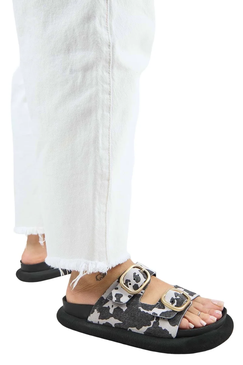 Manijero Manijero Nagual Lavanda Women's Genuine Leather Double Buckle Black Polka Dot Slippers