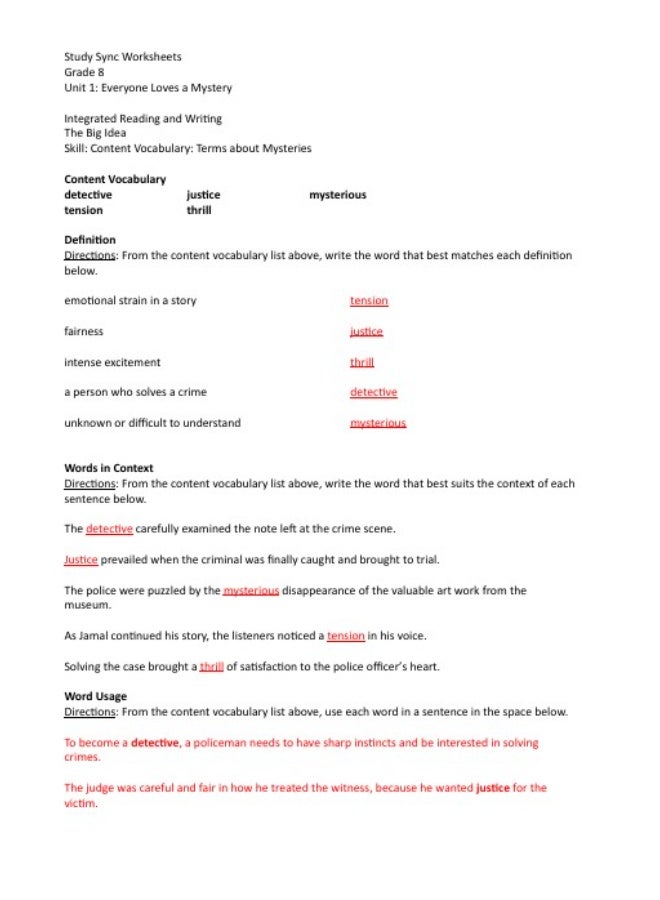 Study Sync Worksheets Grade 8 Unit 1+2 - Image 5