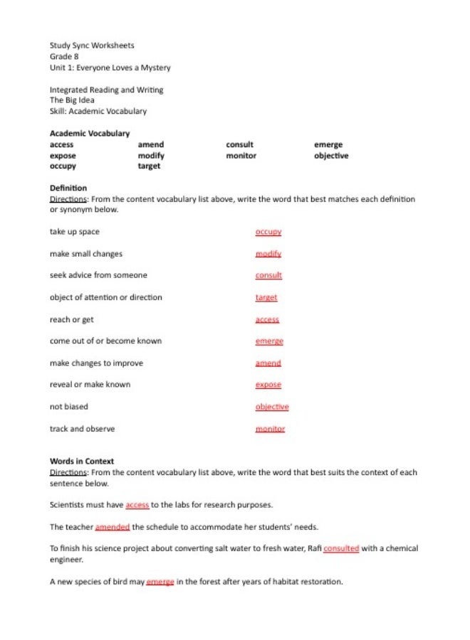 Study Sync Worksheets Grade 8 Unit 1+2 - Image 4
