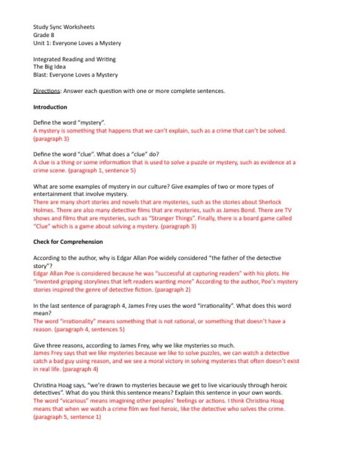 Study Sync Worksheets Grade 8 Unit 1+2 - Image 1