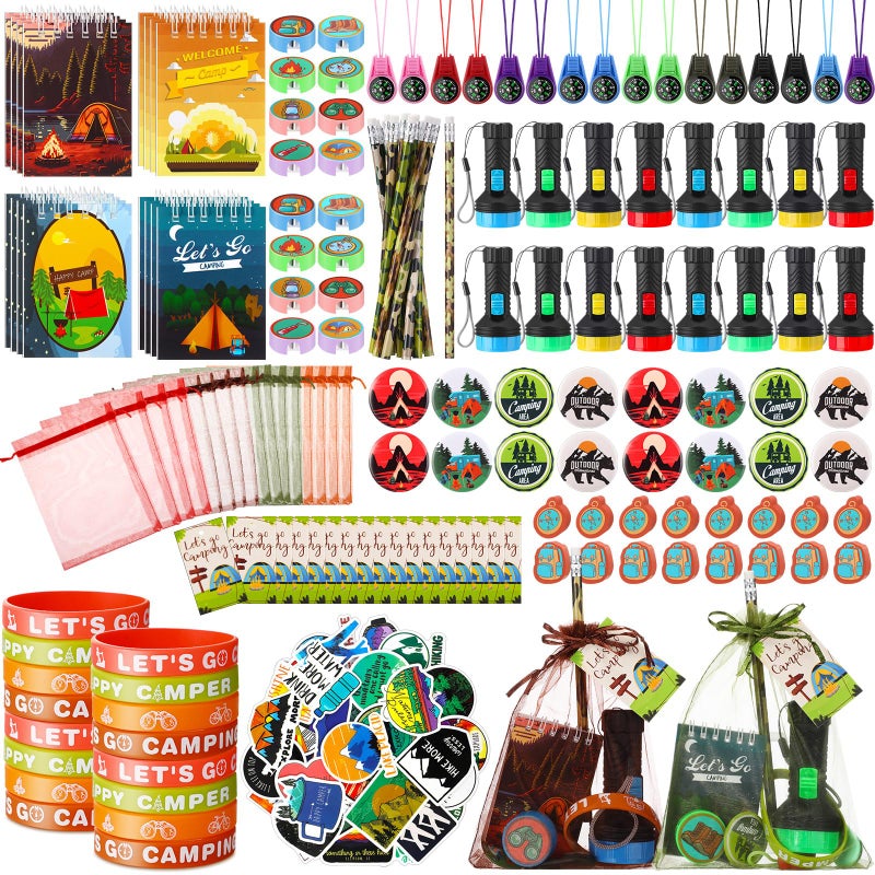 Chivertion 210 Pcs Camping Party Favors Camper Birthday Party Decoration Notepad Pencil Sharpener Eraser Badge Sticker Bracelet Compass Tag Keychain Flashlight Bag for Camping Theme Adventure Supplies - Image 3