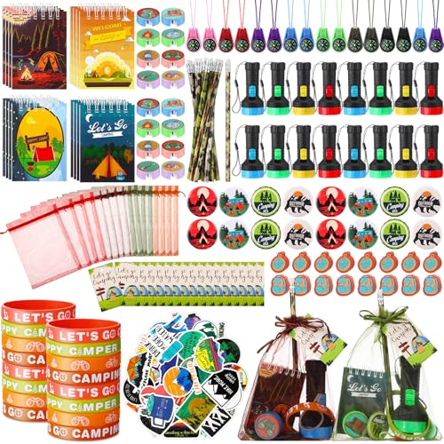 Chivertion 210 Pcs Camping Party Favors Camper Birthday Party Decoration Notepad Pencil Sharpener Eraser Badge Sticker Bracelet Compass Tag Keychain Flashlight Bag for Camping Theme Adventure Supplies - Image 1