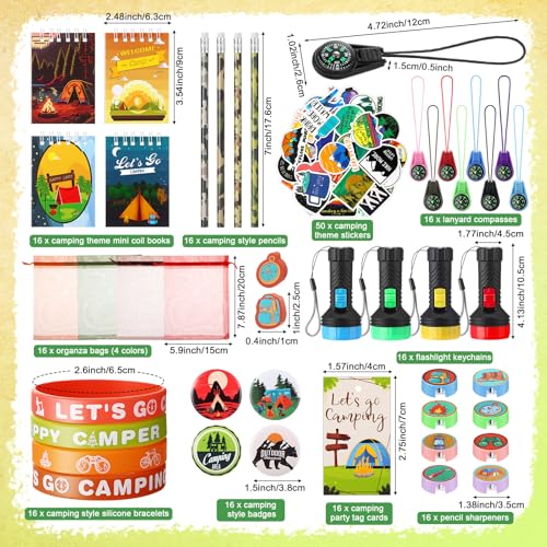 Chivertion 210 Pcs Camping Party Favors Camper Birthday Party Decoration Notepad Pencil Sharpener Eraser Badge Sticker Bracelet Compass Tag Keychain Flashlight Bag for Camping Theme Adventure Supplies - Image 5