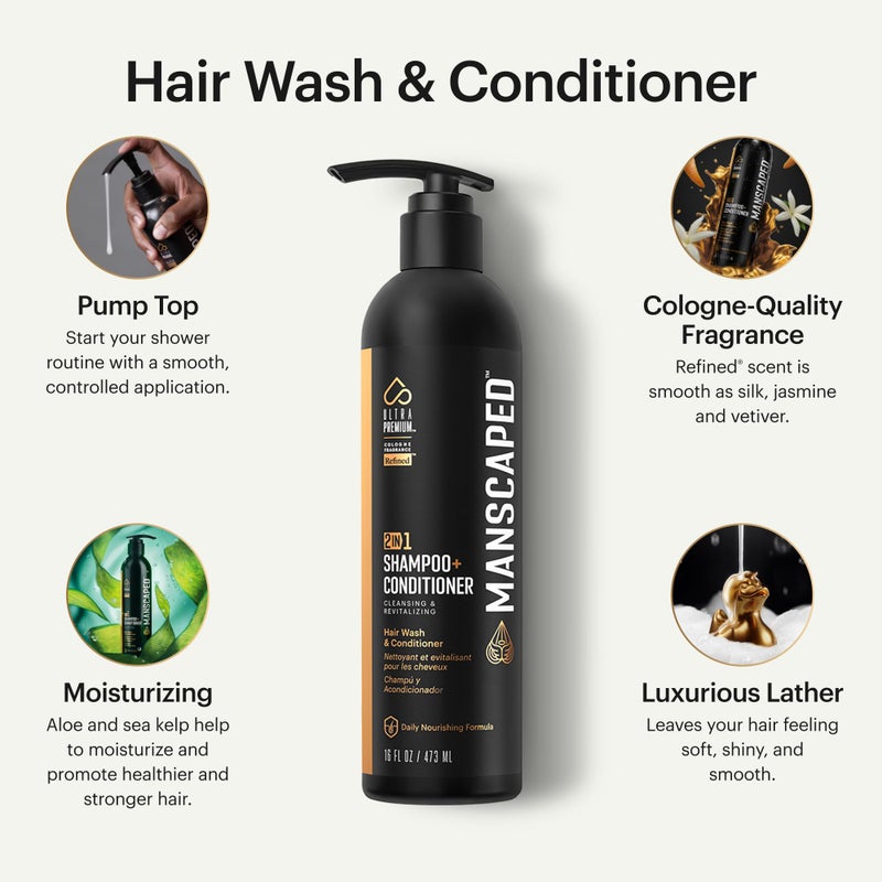 MANSCAPEDÂ® 2 In 1 Shampoo & Conditioner, UltraPremium Formula Infused with Sea Kelp, Coconut Water, Aloe for Nourishing and Hydrating Hair (16 oz), 2 Pack - Image 2