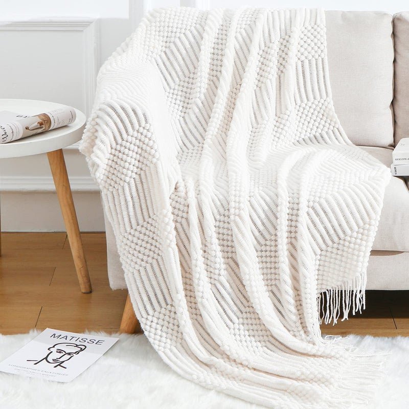 Blagic Knitted Throw Blanket for Couch Soft Farmhouse Boho Throw Blanket with Tassels Home Decorative Lightweight Throw BlanketsWhite Throws for BedChairSofa Pineapple Textured50 W x 60 L