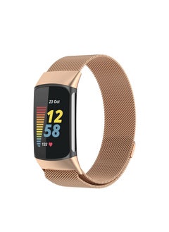 Metal Bands Compatible with Fitbit Charge 5 Smart Watch Milanese Loop Stainless Steel Metal Mesh Adjustable Single Magnetic Replacement Strap Wristband for Men Women (Rose Gold)