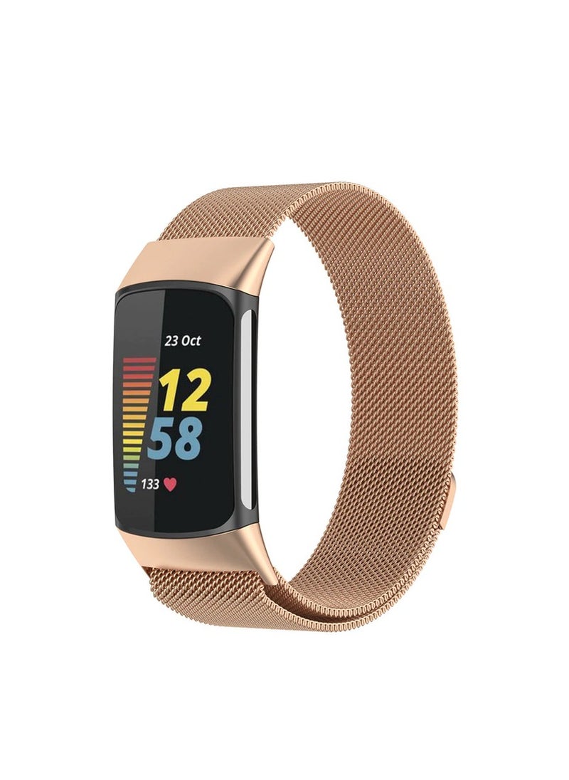 O Ozone - Metal Bands Compatible with Fitbit Charge 5 Smart Watch Milanese Loop Stainless Steel Metal Mesh Adjustable Single Magnetic Replacement Strap Wristband for Men Women (Rose Gold) - Image 1