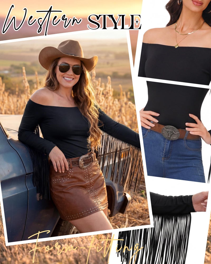 Funnysoft Women Fringe Top Western Off Shoulder Cowgirl Shirt Fitted Long Sleeve Tassels Top Country Concert Festival Outfit(Black,S) - Image 5