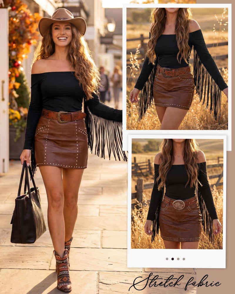 Funnysoft Women Fringe Top Western Off Shoulder Cowgirl Shirt Fitted Long Sleeve Tassels Top Country Concert Festival Outfit(Black,S) - Image 2