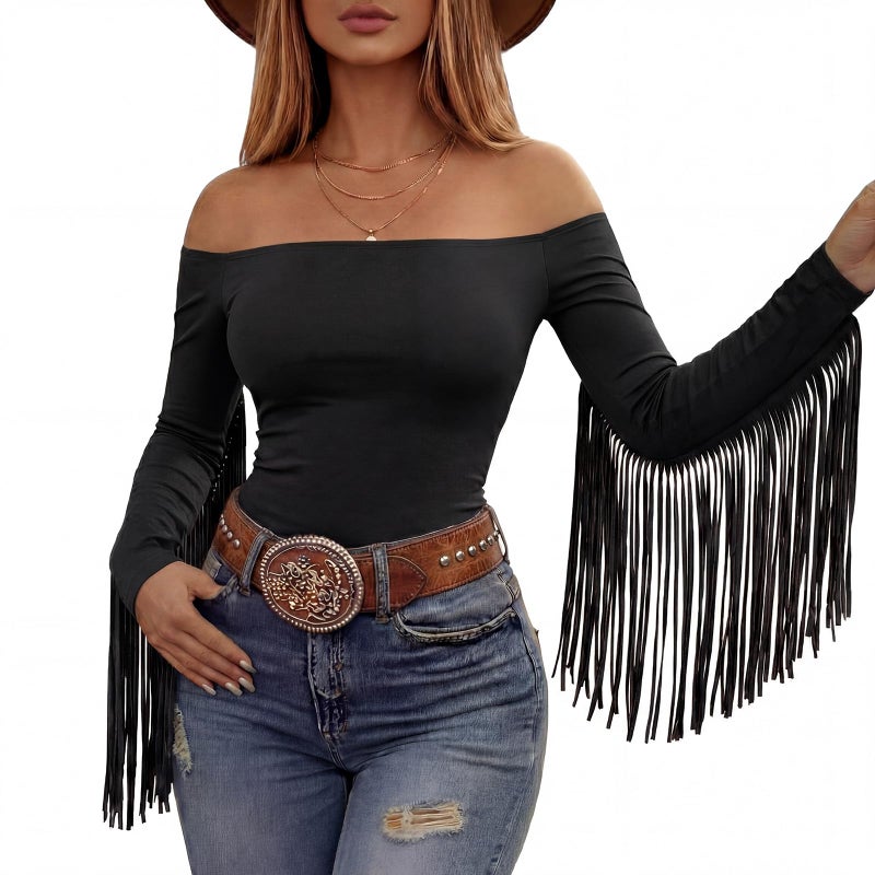 Funnysoft Women Fringe Top Western Off Shoulder Cowgirl Shirt Fitted Long Sleeve Tassels Top Country Concert Festival Outfit(Black,S) - Image 1