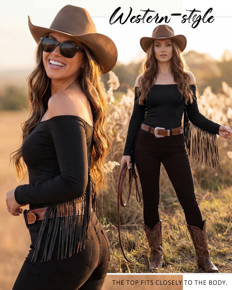Funnysoft Women Fringe Top Western Off Shoulder Cowgirl Shirt Fitted Long Sleeve Tassels Top Country Concert Festival Outfit(Black,S) - Image 3