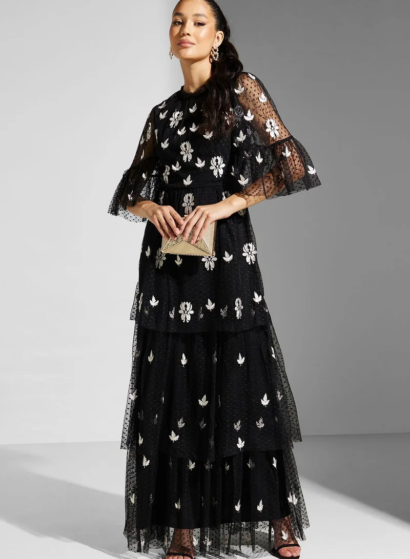 Frock and Frill Floral Mesh Detail Dress
