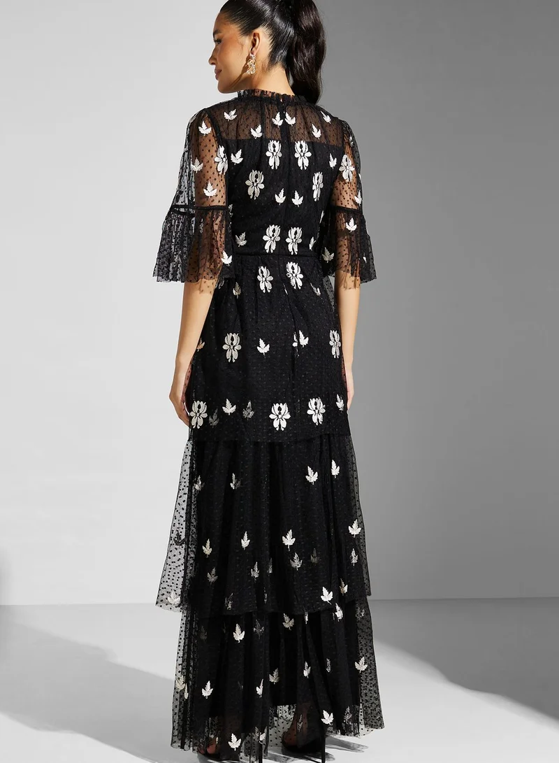 Frock and Frill Floral Mesh Detail Dress