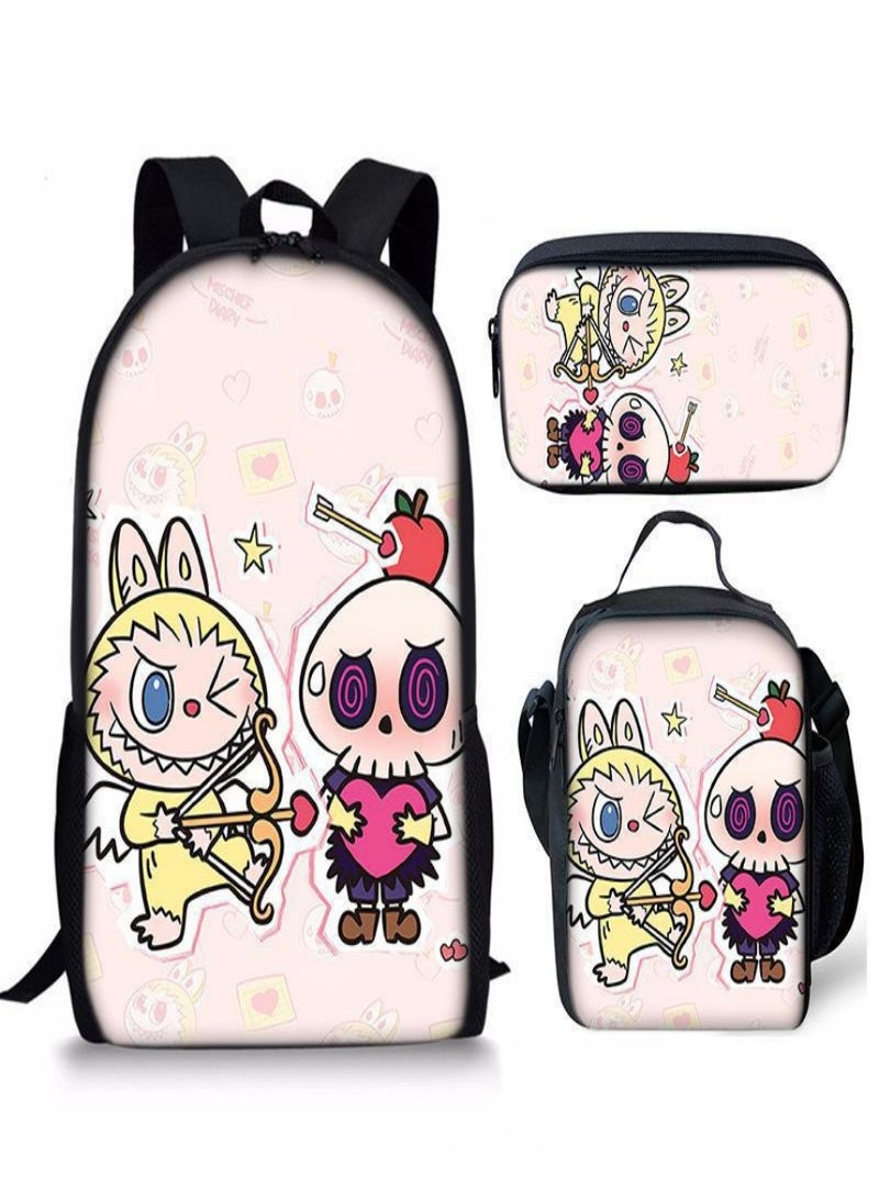 LABUBU Children Backpack Schoolbag Teen Student School Book bag with Lunch Box Pen Case 3 in 1 for Kids