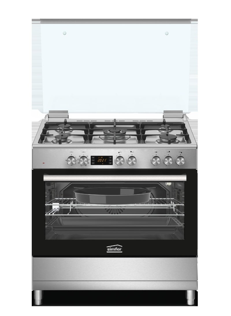 Gas Cooker 90x60 cm | 102L Turbo Fan Oven Capacity | 5 Gas Burners with Triple Wok | Grill & Rotisserie | Auto Ignition FFD Safety | Stainless Steel Finish | Model SMF9068ECH