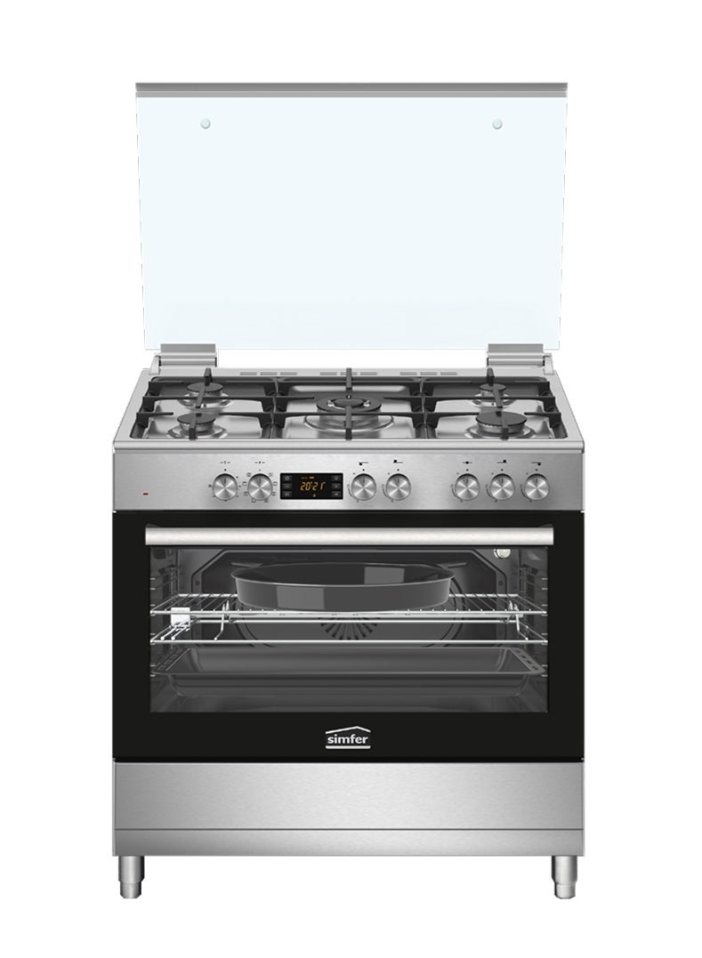 Simfer Gas Cooker 90x60 cm | 102L Turbo Fan Oven Capacity | 5 Gas Burners with Triple Wok | Grill & Rotisserie | Auto Ignition FFD Safety | Stainless Steel Finish | Model SMF9068ECH - Image 1