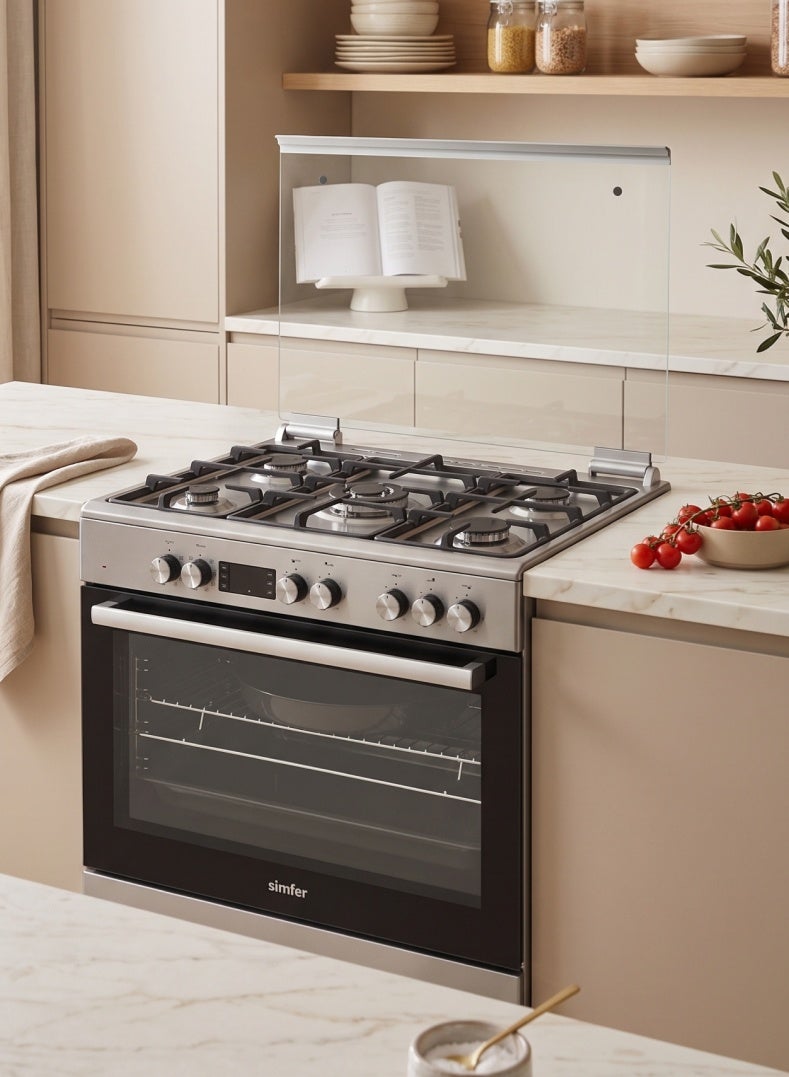 Simfer Gas Cooker 90x60 cm | 102L Turbo Fan Oven Capacity | 5 Gas Burners with Triple Wok | Grill & Rotisserie | Auto Ignition FFD Safety | Stainless Steel Finish | Model SMF9068ECH - Image 5