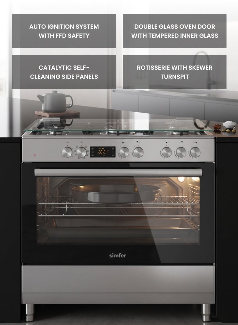 Simfer Gas Cooker 90x60 cm | 102L Turbo Fan Oven Capacity | 5 Gas Burners with Triple Wok | Grill & Rotisserie | Auto Ignition FFD Safety | Stainless Steel Finish | Model SMF9068ECH - Image 4